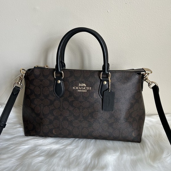 Coach Handbags - Coach Georgia Satchel Signature Canvas Walnut Black Handbag CH422